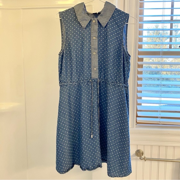 Simon’s cinch-waist, button collared sleeveless dress in blue with dots, tencel - Picture 9 of 10